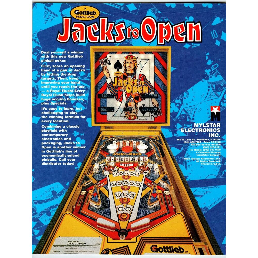 Gottlieb Jacks to Open Pinball FLYER Game Vintage Arcade Poker Machine Art